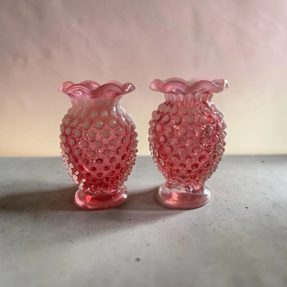 Pair Fenton Opalescent Cranberry Hobnail Mini Bud Vases with Crimped Edges #10